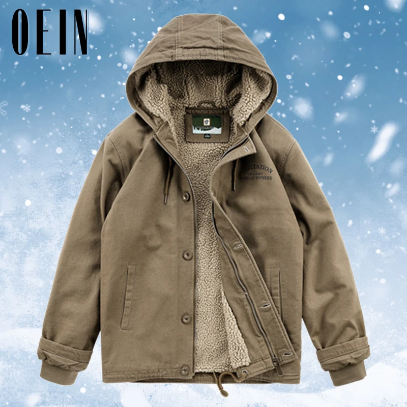 OEIN Winter Warm Cargo Jackets Thick Fleece Men's Coats Casual Cotton Fur Collar Hooded Mens Military Tactical Parka Outerwear