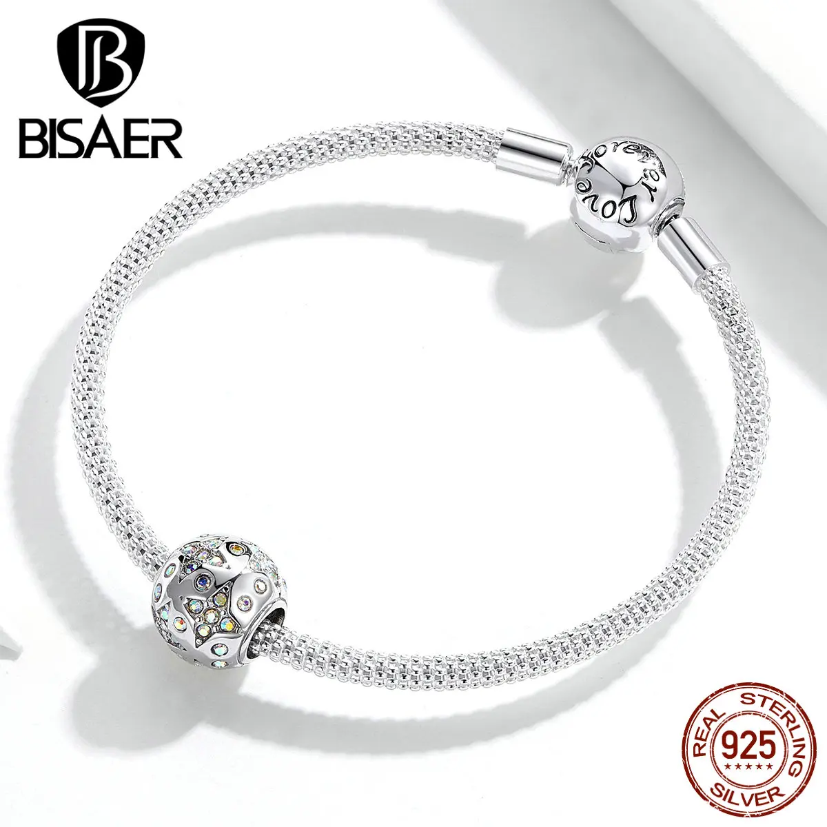 Бусины BISAER, 925 пробы, серебряные светящиеся бусины в форме звезды, кубические циркониевые амулеты, подходят для шарма, браслеты из серебра 925, ювелирные изделия ECC1308
