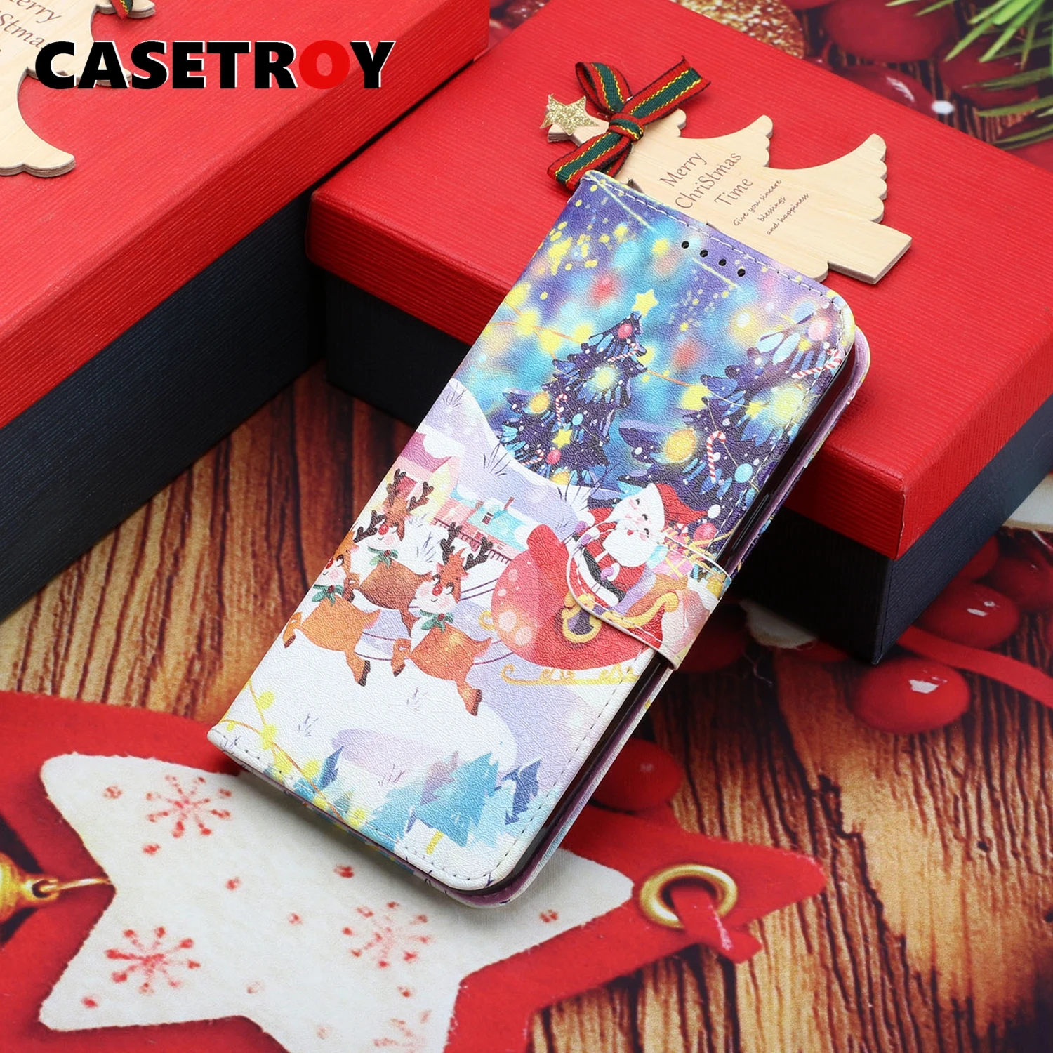 

CASETROY 2021 New Christmas Painted Silk Pattern Flip Mobile Phone Case for iPhone 13 12 11 Pro Max Mini XR XS 7 8 Plus Covers