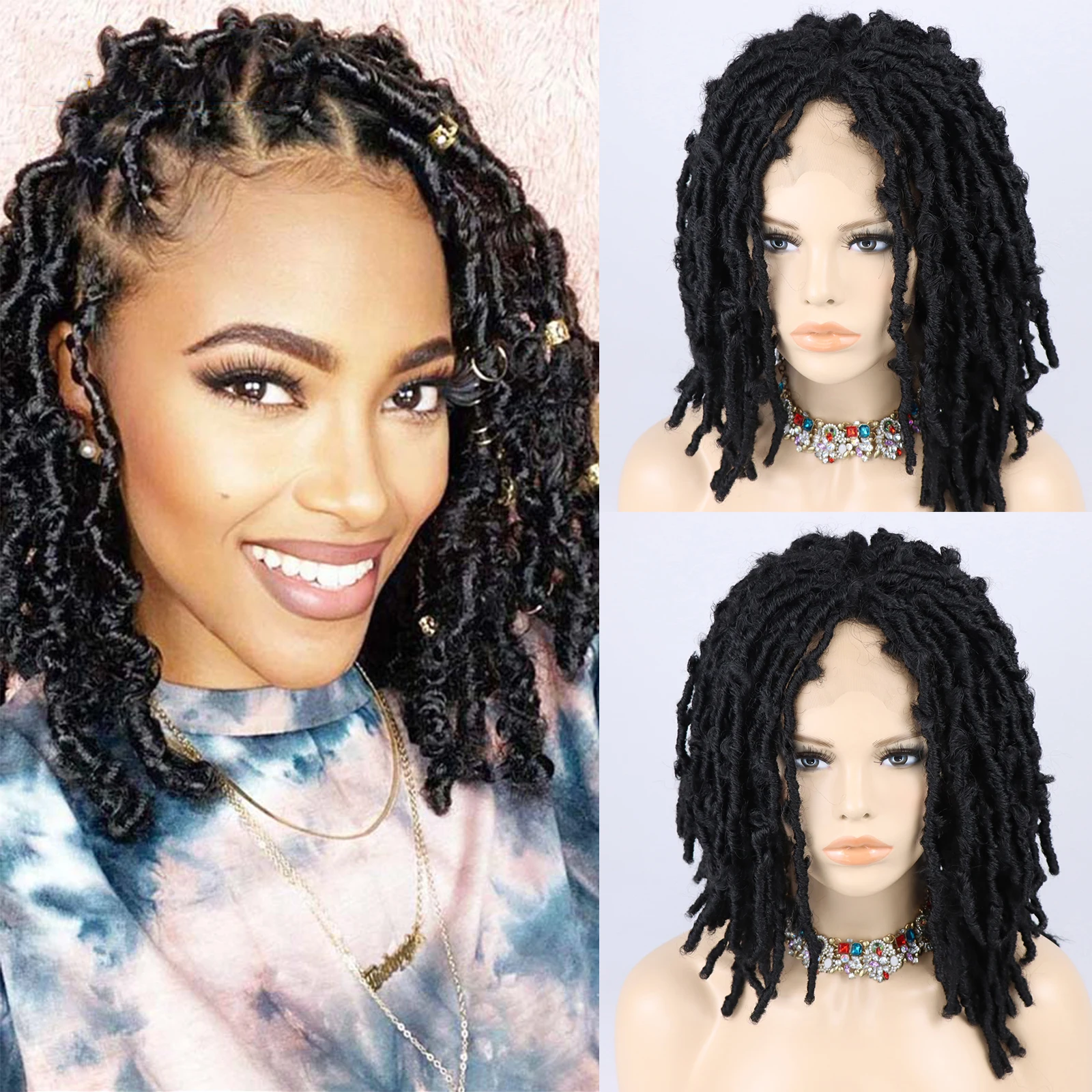 14-18inch Synthetic Lace Front Wigs Butterfly Locs Crochet Hair Braids Wig 1B 4 30# Soft Faux Locs Crochet Hair Wigs for Women