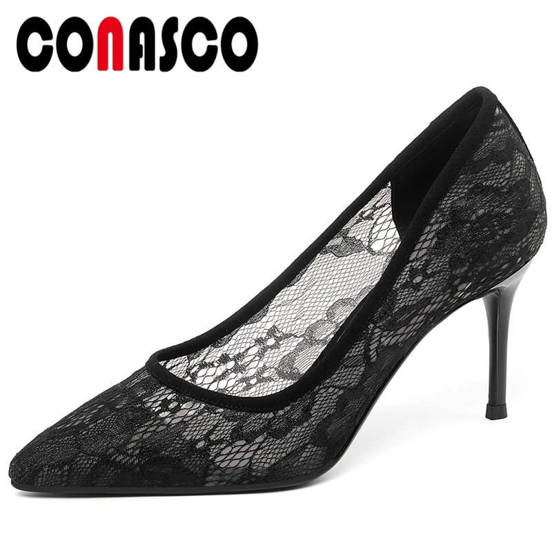 

CONASCO Euro Style Elegant Sexy Women Pumps 2021 Spring Summer New Lace Mesh Pointed Toe Thin Heels Wedding Party Shoes Woman