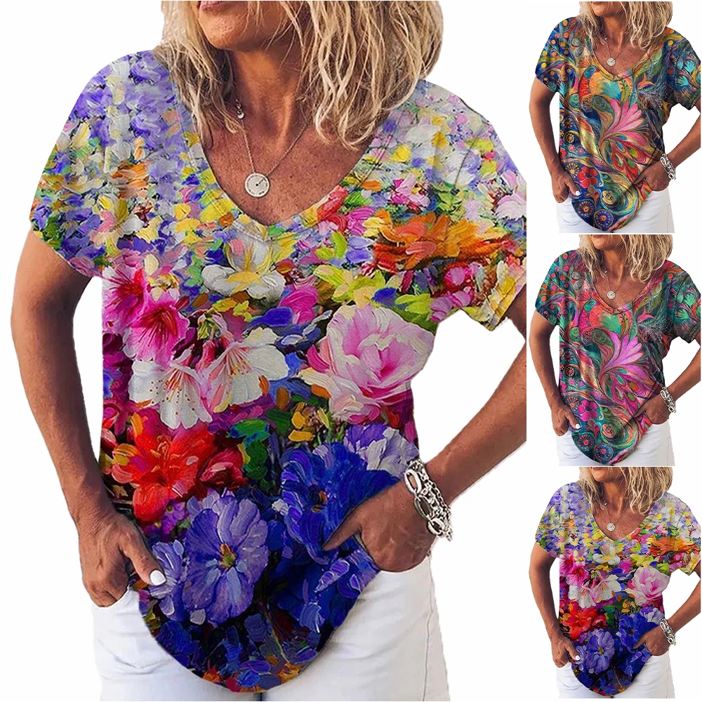 

VICABO Women Clothes Printed Flowers Short Sleeves V-neck Casual Style Tees Summer 2021 Women T-shirts Tops