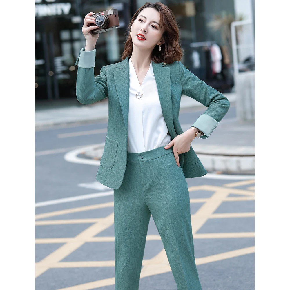 

2020 Fashion Casual Ladies Blazer with Pocket for Women Pant Suits Long Sleeve Jacket Sets Work Wear Uniform Business Clothes OL
