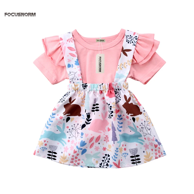 

Cute Lovely Summer Toddler Girls Sets 0-4Y Pink Petal Sleeve Cotton Pullover T-Shirts Rabbits Floral Print Overall Skirts 2PCS