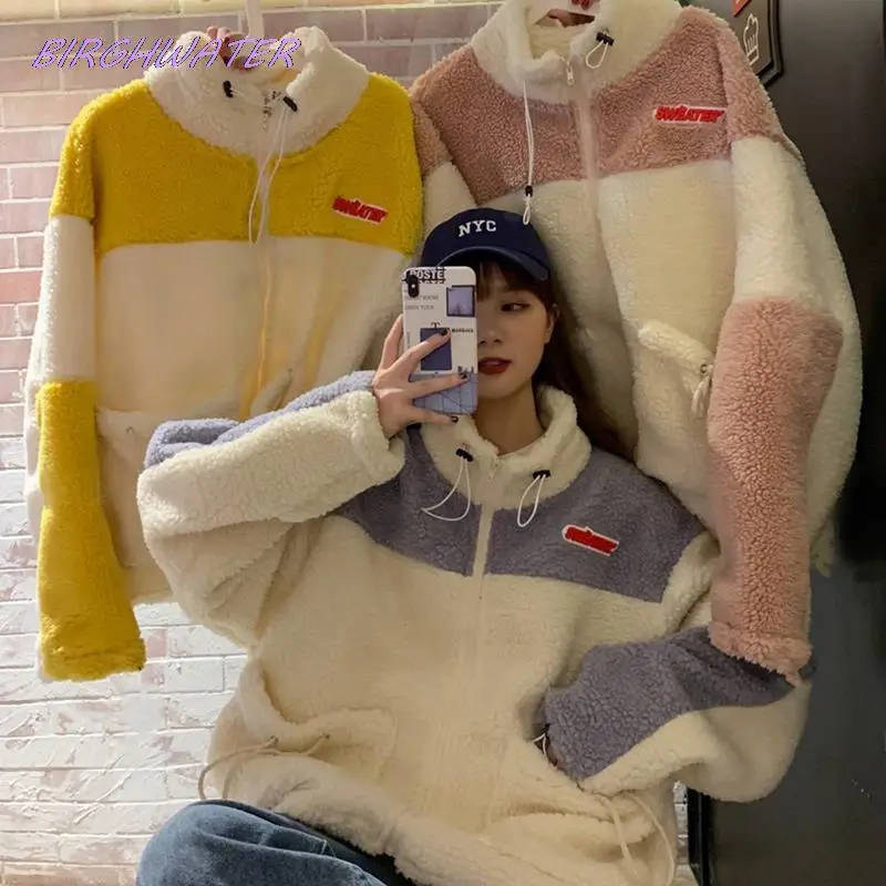 

Женские толстовки, Осенние толстые флисовые куртки с капюшоном, новые милые лоскутные куртки на молнии, зимние свободные толстовки с длинны...