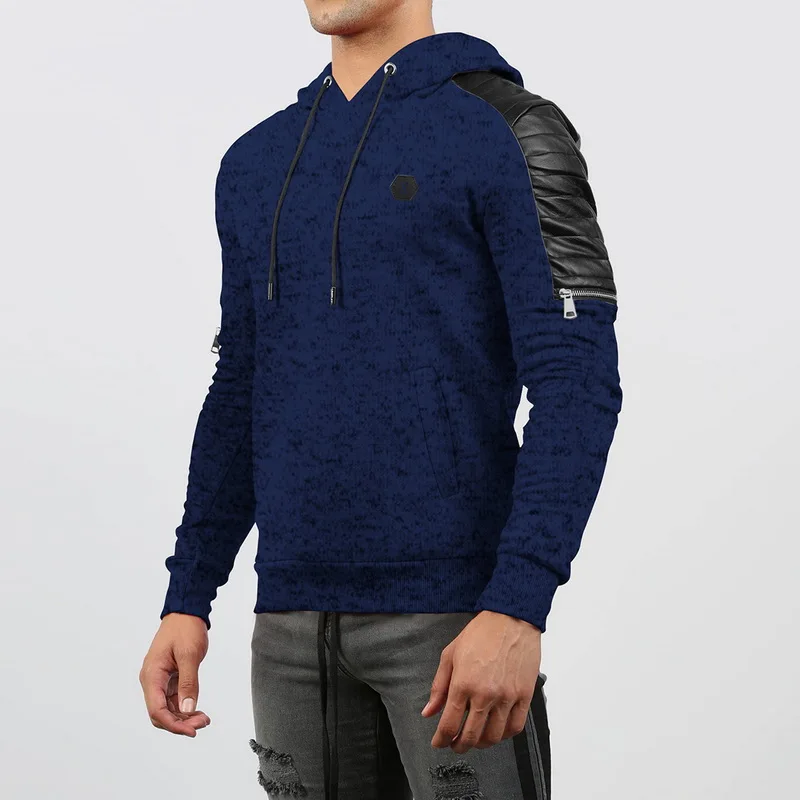 

Laamei Leather Patchwork Hoodies Men Zipper Decoration Long Sleeve Sweatshirt Tops Men's Leisure Hoodie Clothes Casual Pullover
