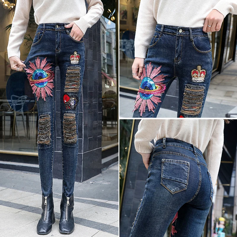 Fashion Sequins Crown Planet Patch Jeans Trousers Female High Waist Ripped Denim Pants Woman Casual Plus Size For Women | Женская одежда