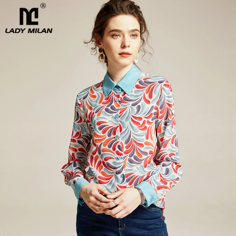 100% натуральный шелк женские Подиумные рубашки отложной воротник длинные рукава