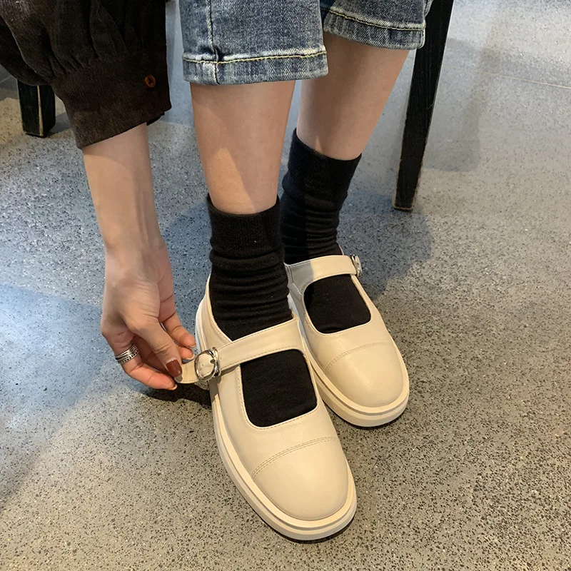 

British Style Soft Casual Woman Shoe Female Footwear Square Toe Preppy Dress Summer Retro Leisure Lace-Up Rubber Spring Basic Fr