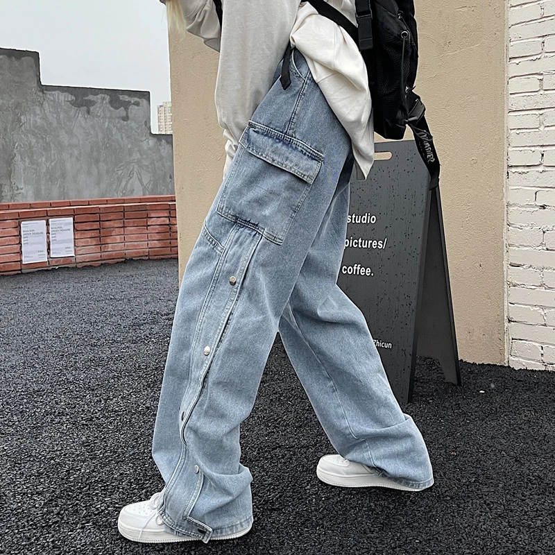 

2021 Women's jeans Heavy Industry pants with slit buttons Casual wide leg straight leg jeans baggy jeans y2k jeans Slit jeans