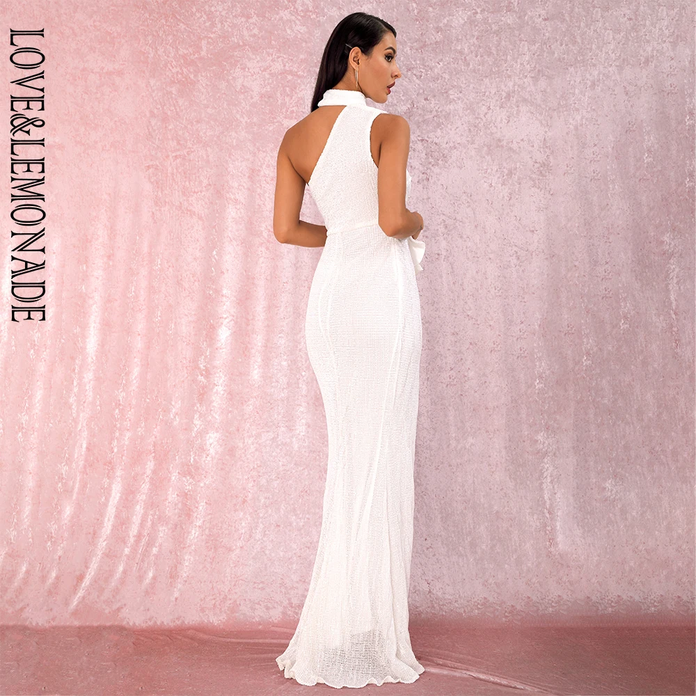 

LOVE&LEMONADE A/W Sexy White Halter Strapless Shoulders Ruffled Split Elastic Sequins Sleeveless Party MAXI Dress LM81953