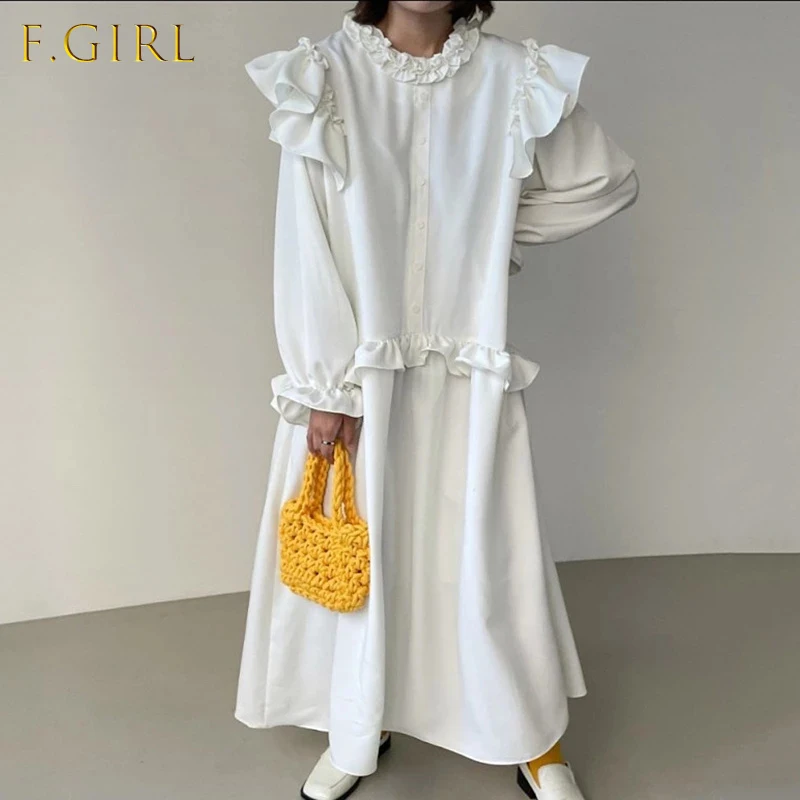 

Korea Chic Temperament Gentle Round Neck Fungus Ruffle Splicing Single Breasted Loose Long Sleeve Dress Tide 2021