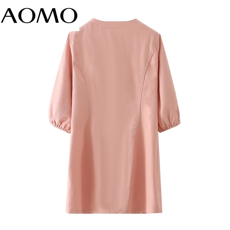 

AOMO 2021 Summer Women Pink Dress V Neck Short Sleeve Ladies Mini Robe DA188A