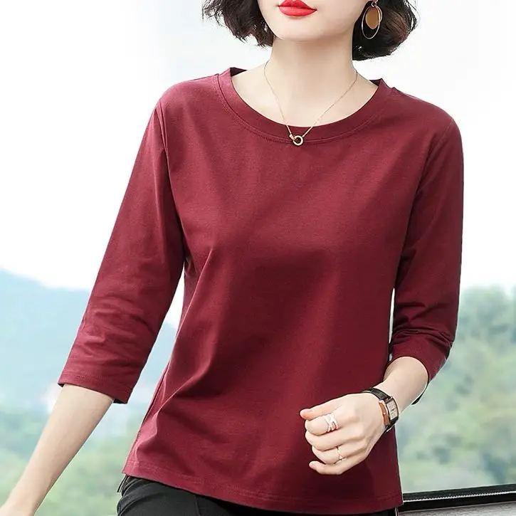 Cotton 2020 spring new small shirt fashion loose solid color seven sleeve T-shirt middle top | Женская одежда