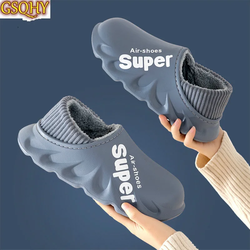 

2021 Winter Warm Furry Slippers Men Shoes Waterproof Women Couples Non-Slip Plush Cotton Indoor Outdoor Thick Hee Slides