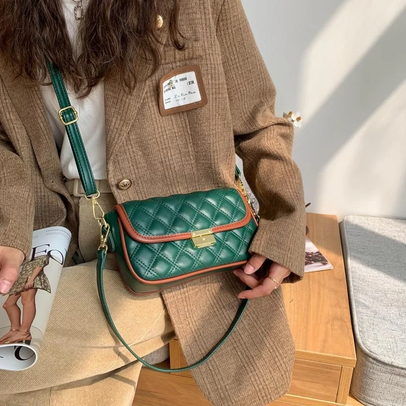 

Fashion simple small bag women's autumn new fashion contrast color Lingge small square bag Versatile Single Shoulder Messenger