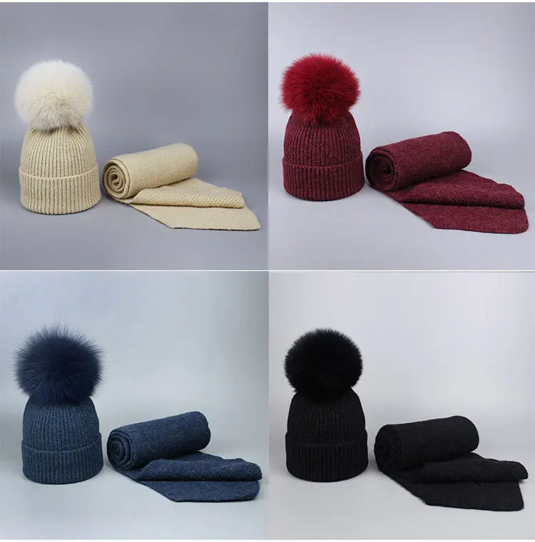 Parent-child Wool Knitted Scarf Hat Set With Real Fox Fur Pompons Women Girls Winter Warm Thick Crochet Hat Scarf 2 Pieces Sets