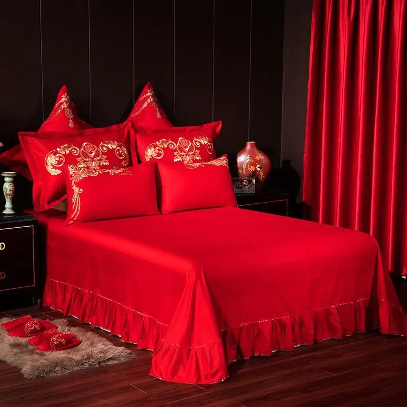 

J1 Gold Royal Embroidery 100% Cotton Red Chinese Style Wedding J/6/9pcs Bedding Set Duvet Cover Bed sheet/Linen Pillowcases