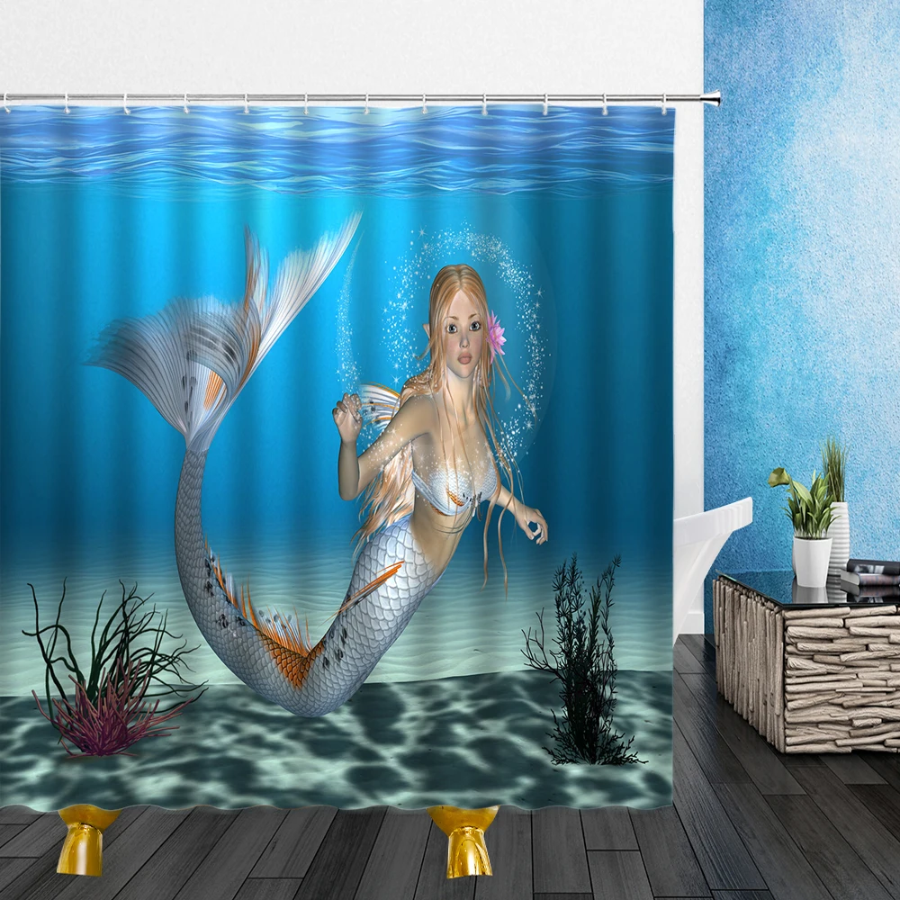 

Myth Landscape Shower Curtains Mermaid Blue Ocean Dolphin 3D Waterproof Polyester Cloth Bathroom Decor Curtains With Hooks
