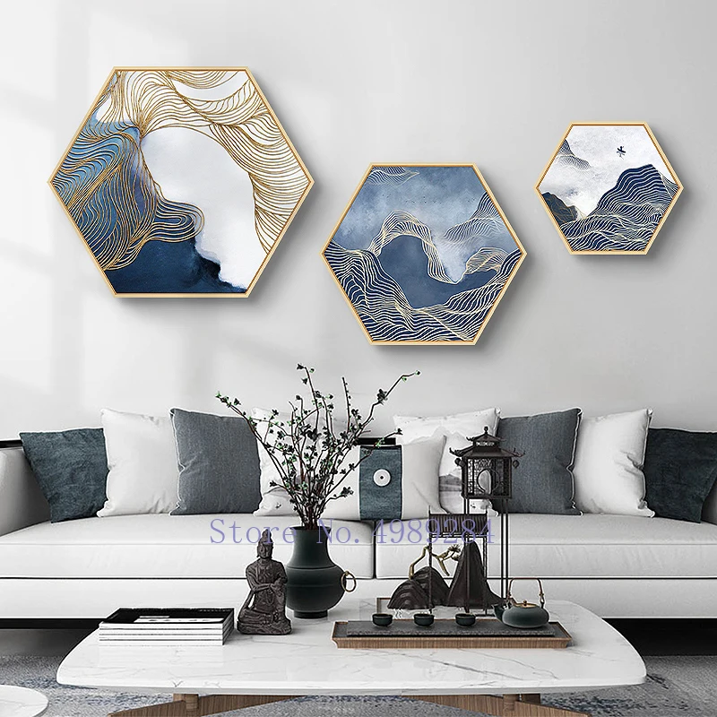 Chinese Blue Abstract Hexagon Wood Photo Frame Picture Living Room Decoration Background Wall Hanging Art Paintings | Дом и сад