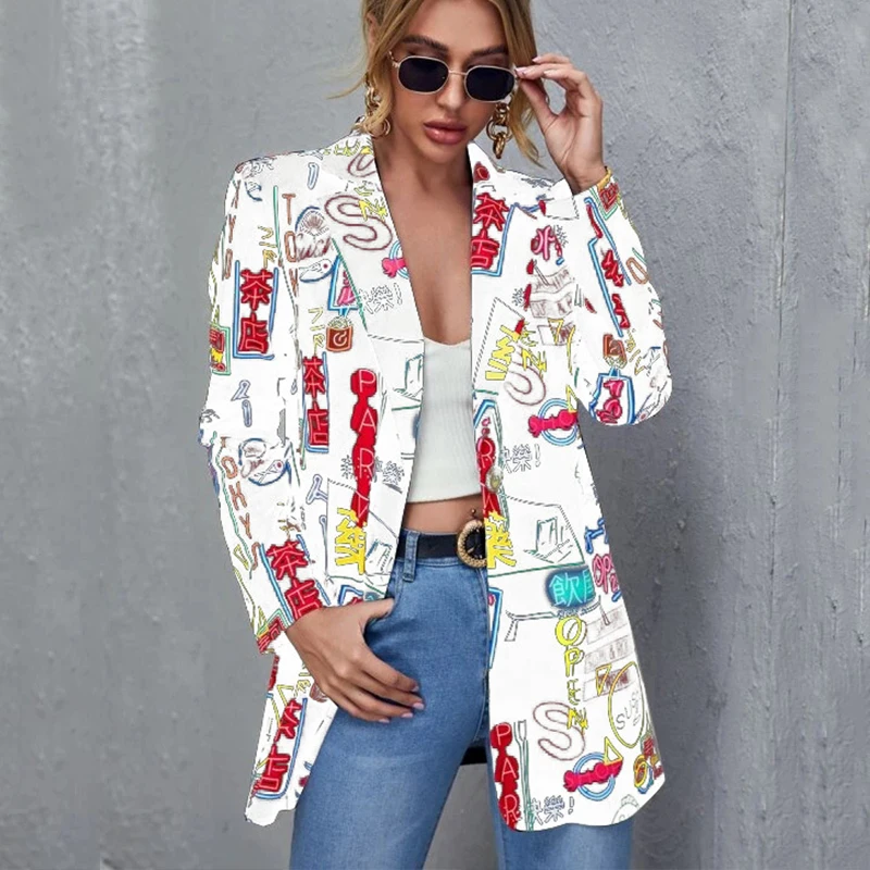 

Vintage Letter Irregular Printing Blazer Women Jacket High Street Fashion 2021 New Plus Size Elegant Lady Coat American Stylish