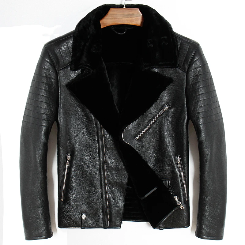 

Sheepskin Fashion Wool Shearling Man's Warm Leather Jacket Men's Fur Winter Coat Plus Size Black Jackets Sales