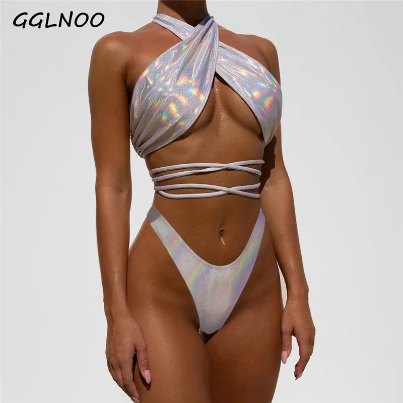

GGLNOO Women Bikini Set Swimsuit Push Up High Waist Two Pieces Bikini Cross Solid Halter Swimwear Swimsuit Beachwear Mujer