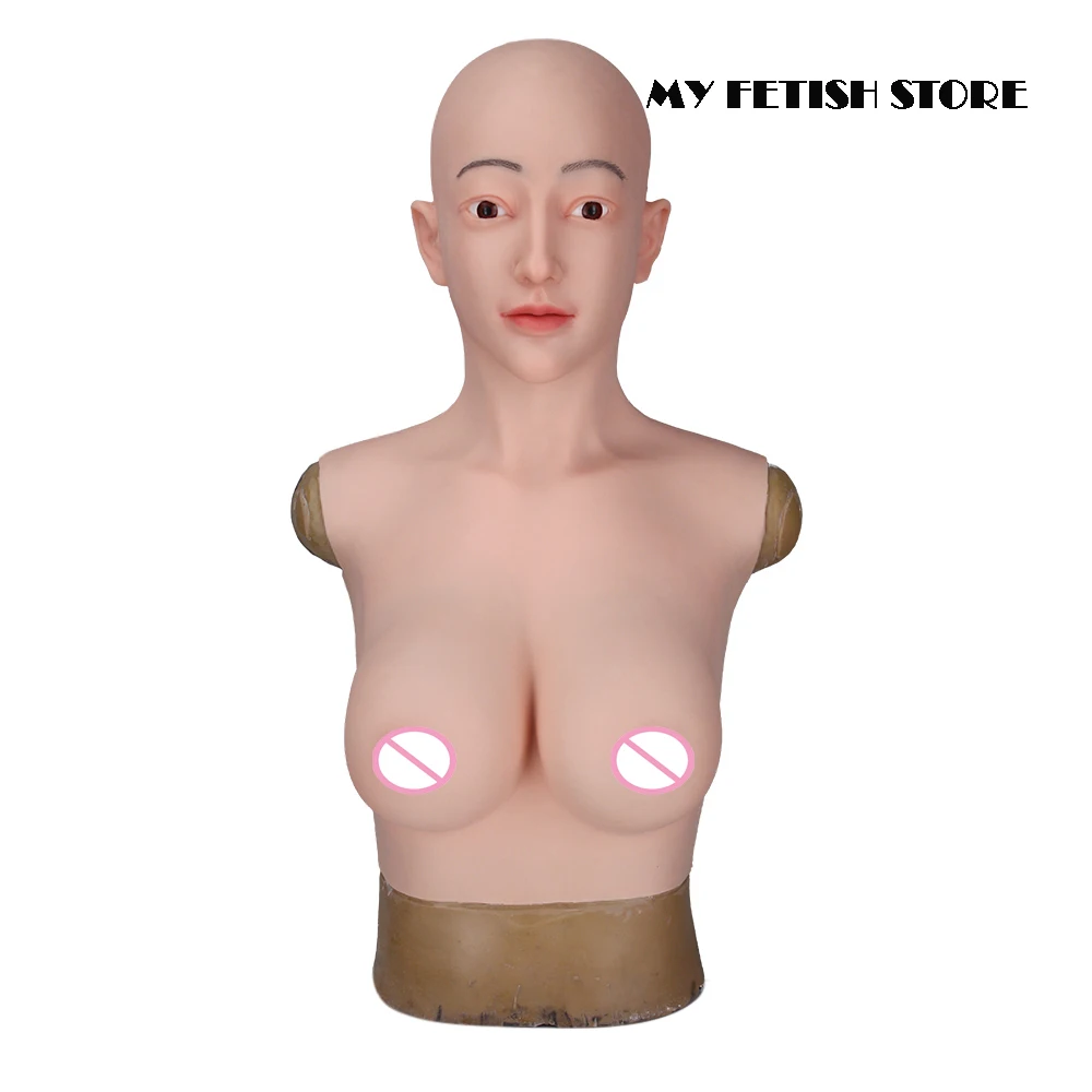 (Alice-1G)Crossdress Full Head Realistic Silicone Girl Female Disguise Party Cosplay Transgender Mask With D Cup Breast Torso