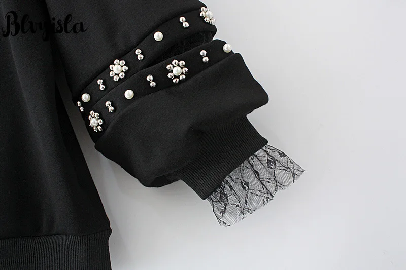 

4XL Oversize Plush Inner Winter Warm Sweatshirts Women Lady Peal Lace Patchwork Puff Sleeve Hoodies Black Gothic Style Pullovers