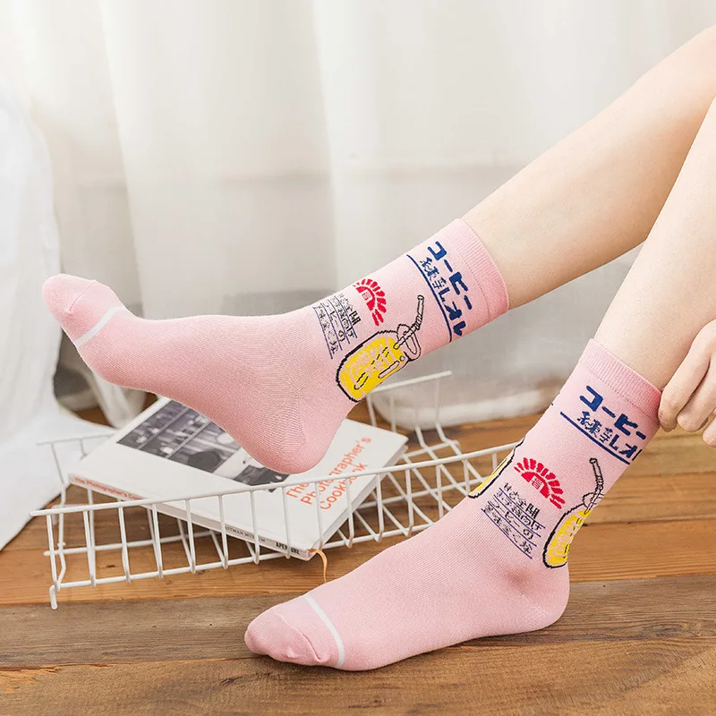 Kawaii Jacquard Fruit Strawberry Milk Pink/White Women Socks Japanese Harajuku Funny Calcetines Mujer | Женская одежда