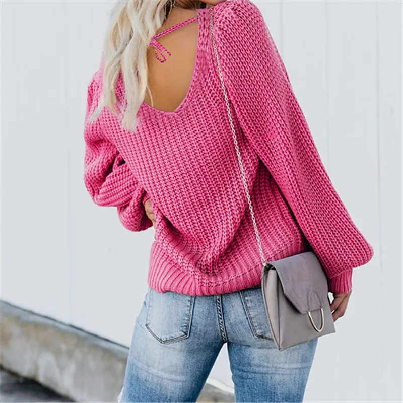 

2020 Elegant V-neck Women Sweater Winter New Fashion Lantern Sleeves Loose Knitted Sweater