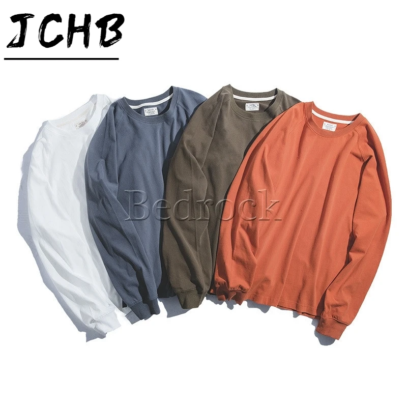 

vintage retro Japanese four-color round neck long-sleeved T-shirt Ami khaki loose cotton casual bottoming shirt