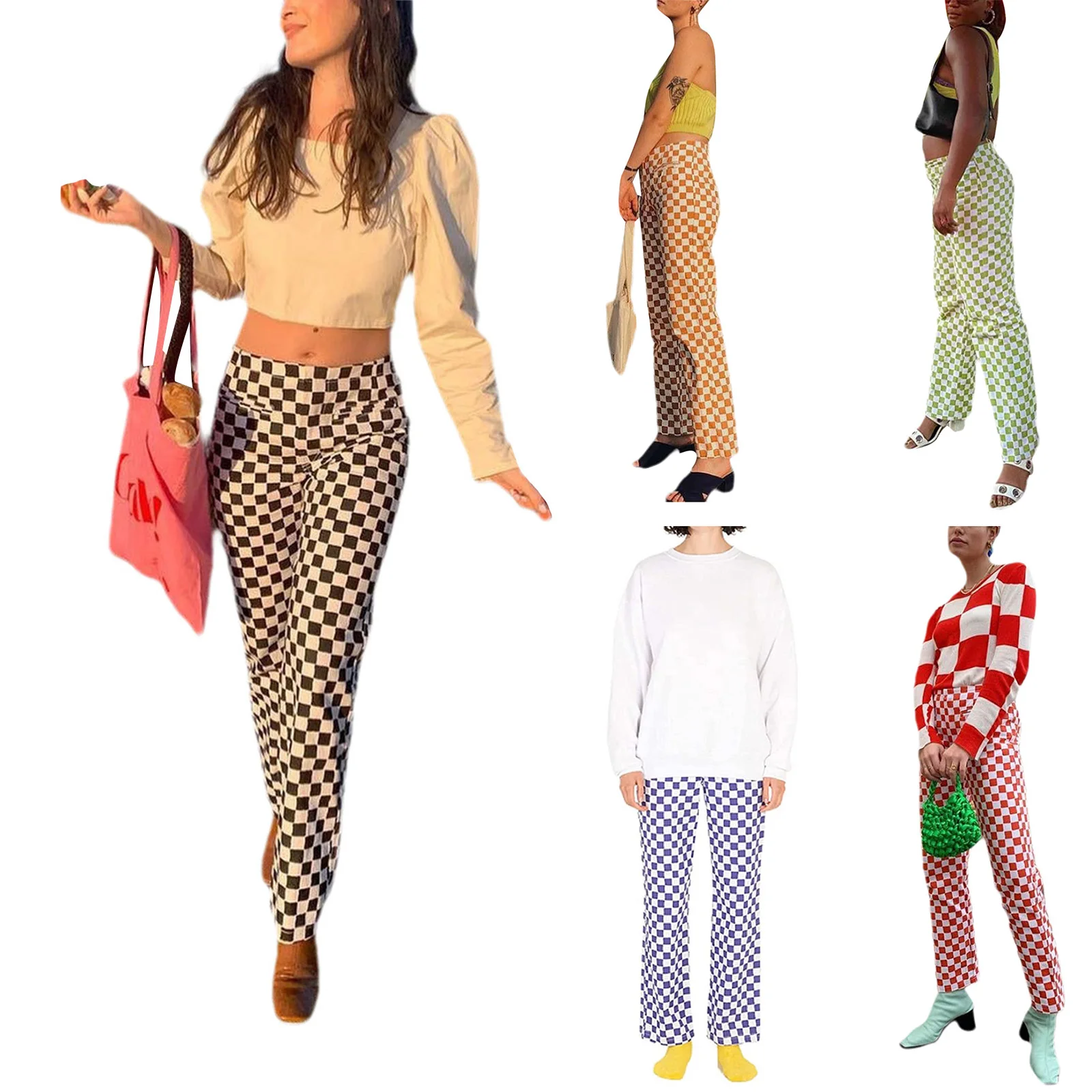 

Women's Straight Leg Pants, Trendy Checkerboard Print High Waist Full Length Lounge Pants