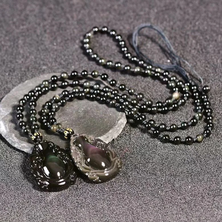 

1pc Natural rainbow obsidian eye carving bottle pendant + Bead Chain