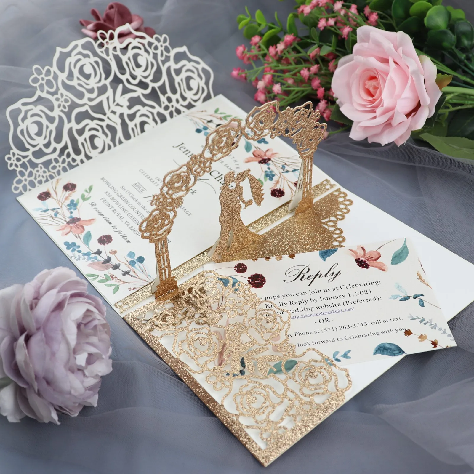 

Лазерная резка свадебные приглашения с конвертами 10 комплектов 3D 5,2*7,2 дюйма золотые блестящие розы свадебные пригласительные открытки наб...