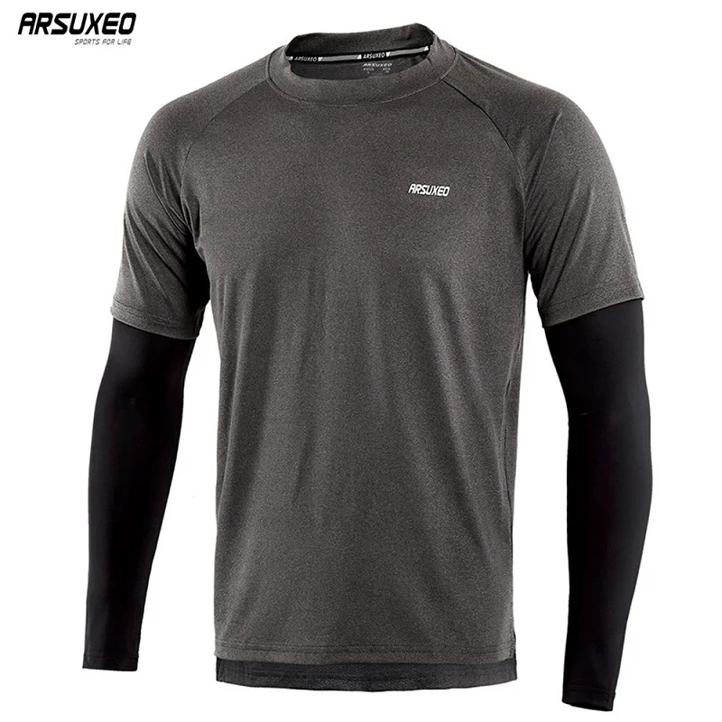 ARSUXEO Men's Spring Autumn Running Shirts Quick Dry Fit Compression Sport Shirt Long Sleeve Elastic Fitness Gym Clothing 18T8