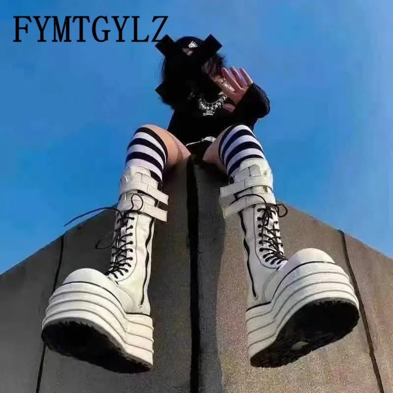 

Женские мотоциклетные ботинки FYMTGYLZ, обувь в готическом стиле, на толстой подошве, Лолита, зимняя Уличная обувь на очень высоком каблуке