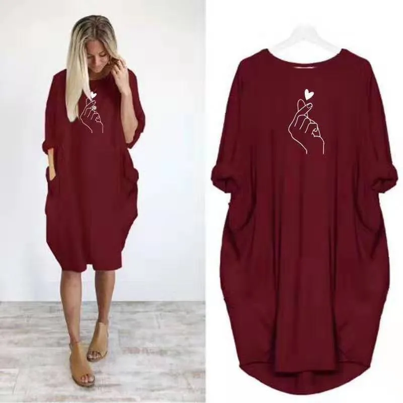 

Women's Fashion Dress Autumn Love Printing Casual Plus Size Pocket Short Sleeve Round Neck Dress Office Lady Vestido