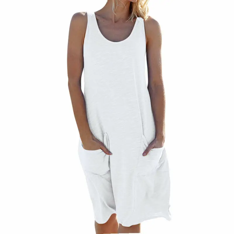 

Womens Ladies Sleeveless Knee Length Summer Shirt Dress Pocket Plain Beach Dress