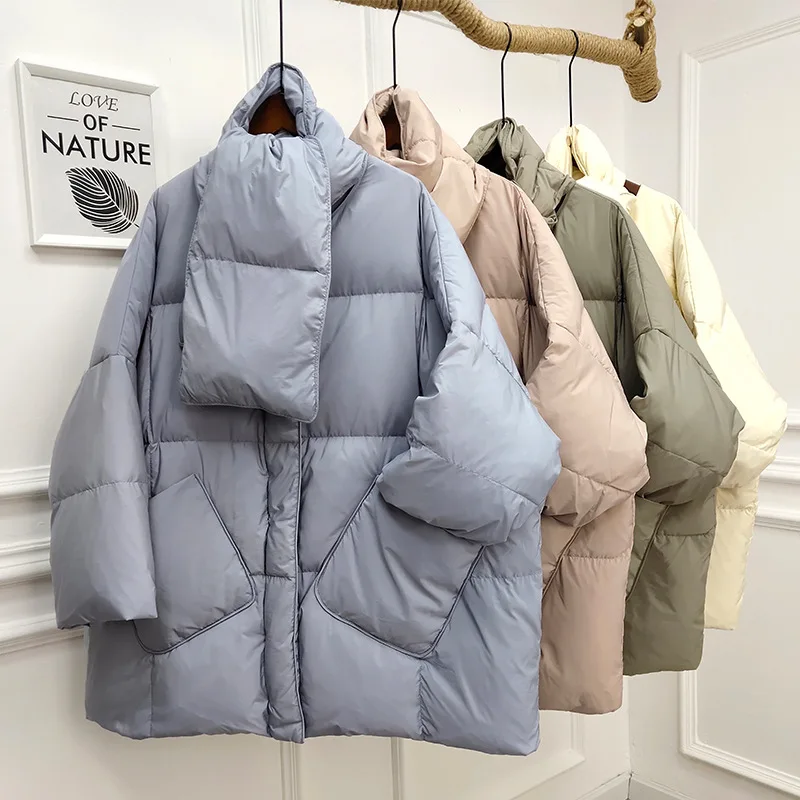 

Autumn and Winter Oversized Thick Down Jacket Women Mid-length White Duck Down Warm Winter Jacket Loose Bread Jacket
