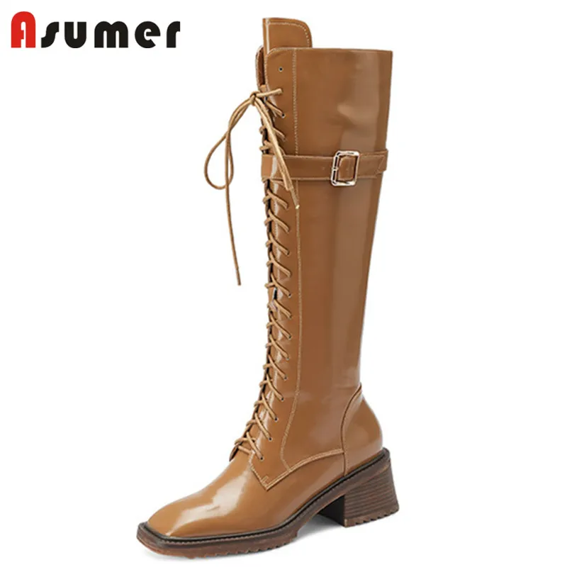 

Asumer Top Quality Genuine Leather Shoes Women Knee High Boots Square Toe Cross Tied Zip Thick Heels Winter Riding Boots Women