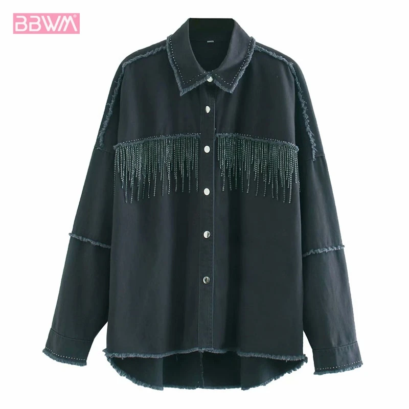 

Lapel Fringed Single-breasted Chic Women's Jacket Harajuku Korean Fashion Denim with Loose Edges Female Coat Tops