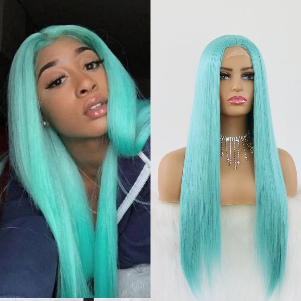 Long Hair Straight Blue Natural Looking Natural Hair Line Wigs No Lace Wig Heat Resistant Synthetic Hair for Fashion Women