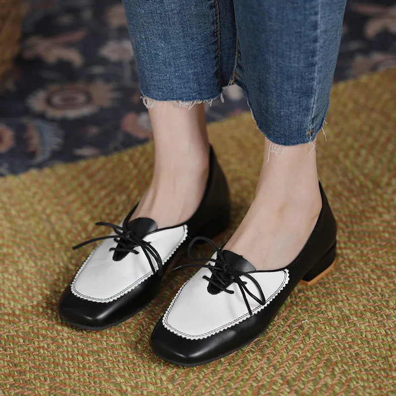 

Women Leather Shoes Vintage Sweet Square Heeled Loafers Lolita Style Lace Up Bow Breathable Leather Shoes for Lady