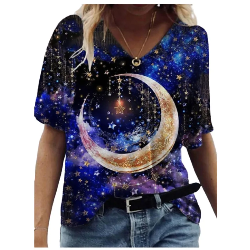 Женская футболка с коротким рукавом Moon Fairy Tale свободная повседневная V-образным