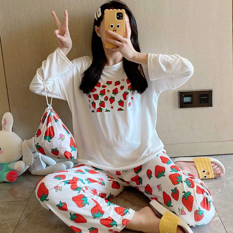 

Womens Pajamas Sets Strawberry Print Sleepwear Long Sleeve Pyjama 3 Pieces Set Women Sleepwear Sexy Nightwear for Women