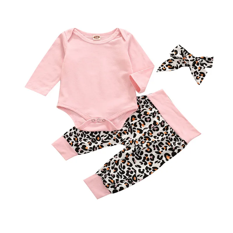 Autumn Winter Toddler kids Baby Girls Long Sleeve round neck solid Bodysuit and Leopard print Pants with Headscarf