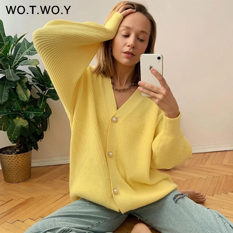 WOTWOY Single Breasted Cashmere V-Neck Cardigans Women Knitted Basic Pink Sweaters Autumn Winter Femme Jumpers |