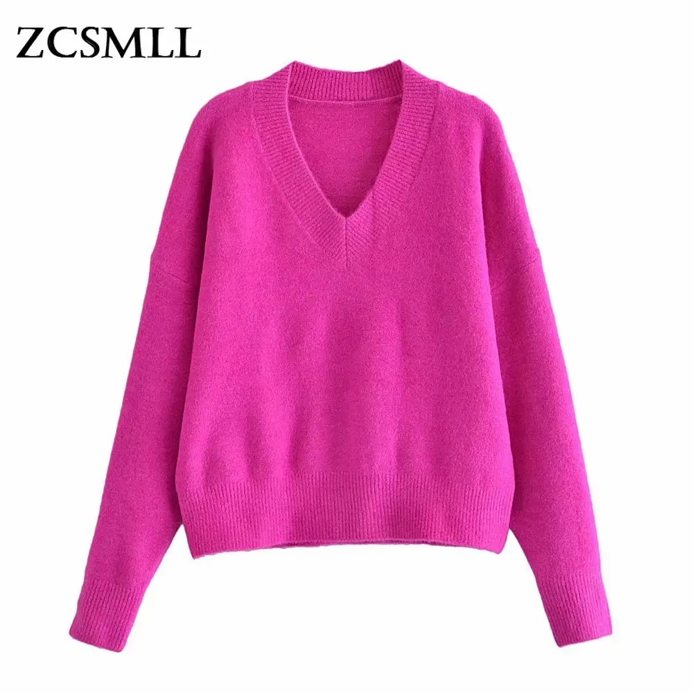 

ZCSMLL Women Fashion Knit Sweater Top Long sleeves V-Neck Soft Knitwear Casual Knitted sweaters Pullover Woman Tops TH1318