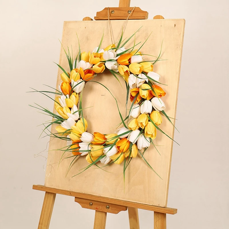 

Artificial 16inch Tulip Flowers Spring Wreath for Front Door Porch Farmhouse Patio Garden Wedding Wall Window Home Decor